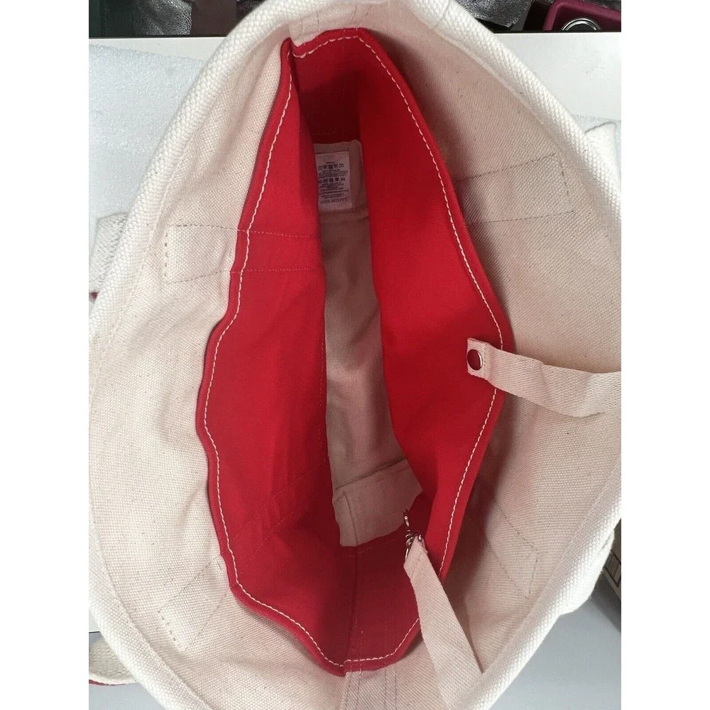 Lands End Open Top Med Natural Canvas Tote Red Trim EUC
